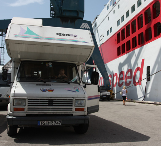 Emilie 10 months old boarding the ferry from Ancona to Patras